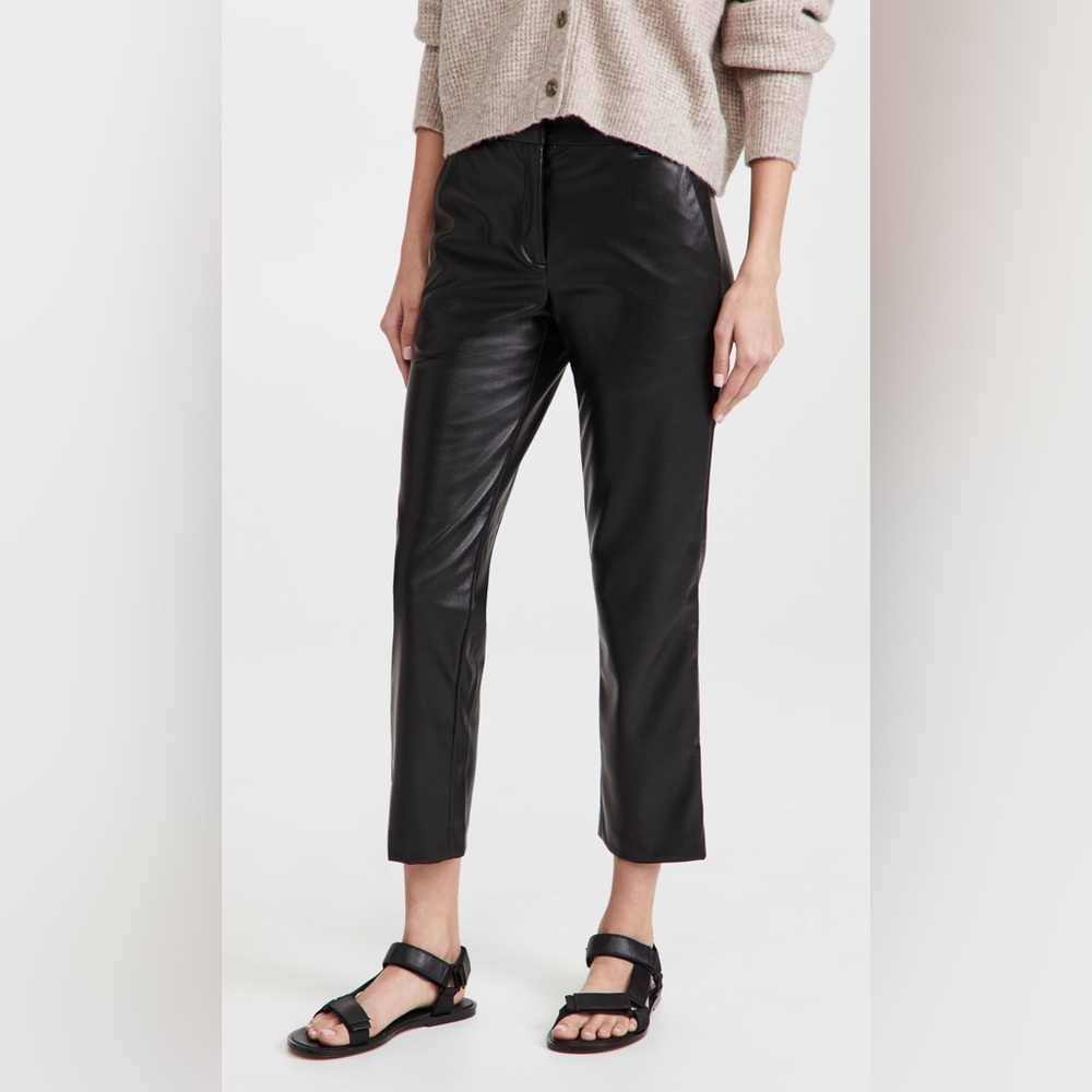 Black straight-legged faux leather trousers